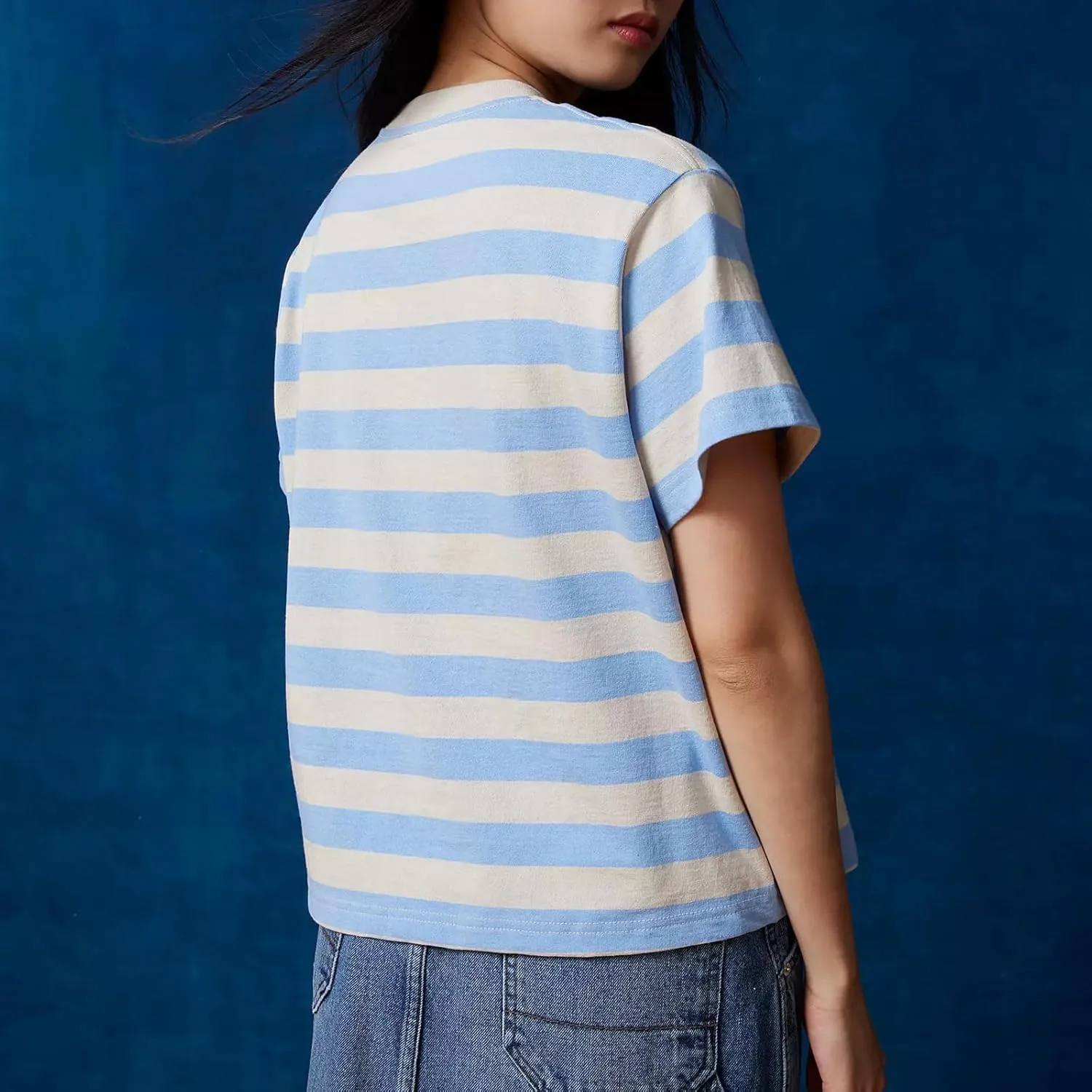 Women Oversized Striped T Shirt Crewneck Short Sleeve Color Black Shirts Loose Fit Summer Boxy Tops