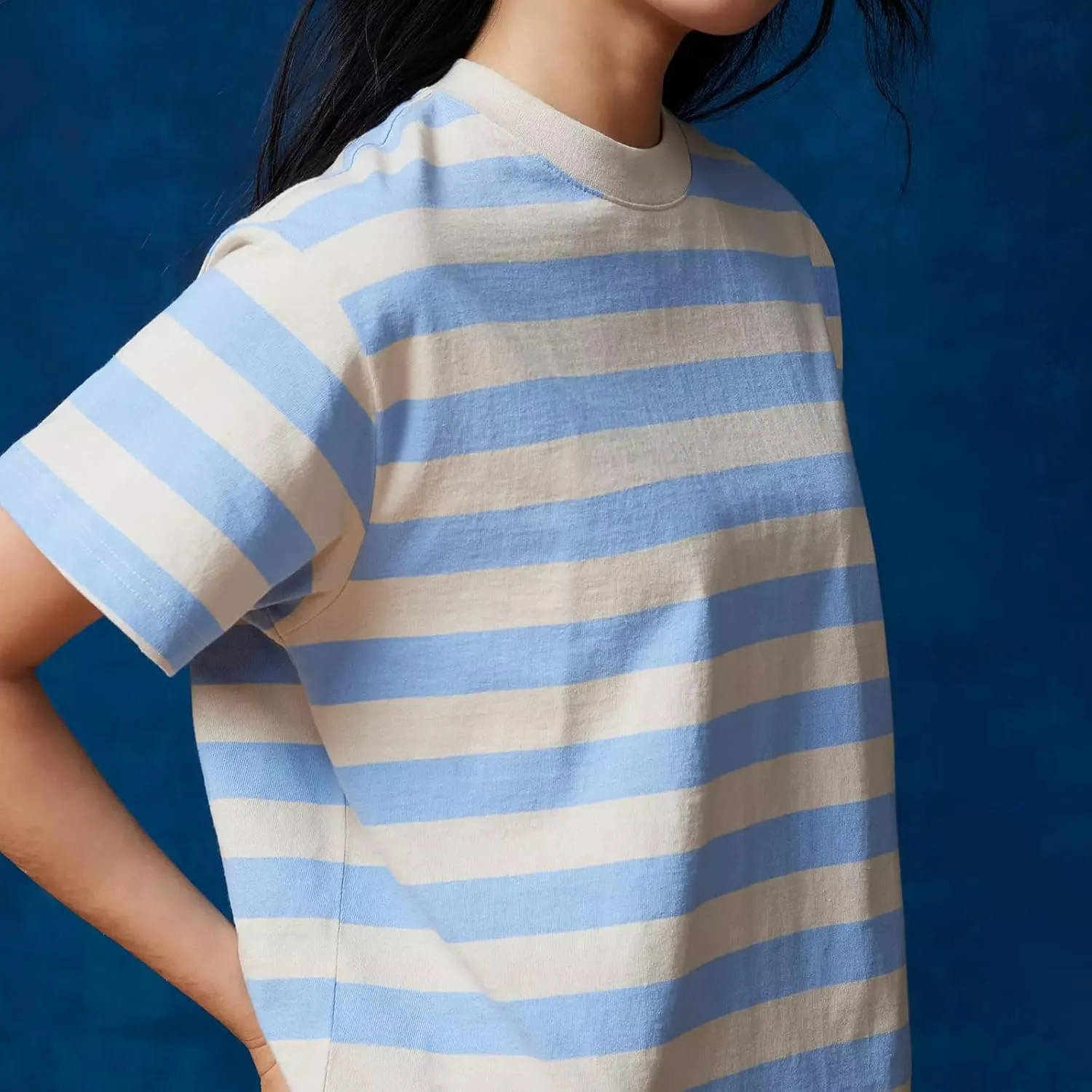 Women Oversized Striped T Shirt Crewneck Short Sleeve Color Black Shirts Loose Fit Summer Boxy Tops