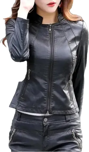 Women Spring O-Neck Leather Jacket Moto Biker Zipper Long Sleeve Slim Jackets Outerwear