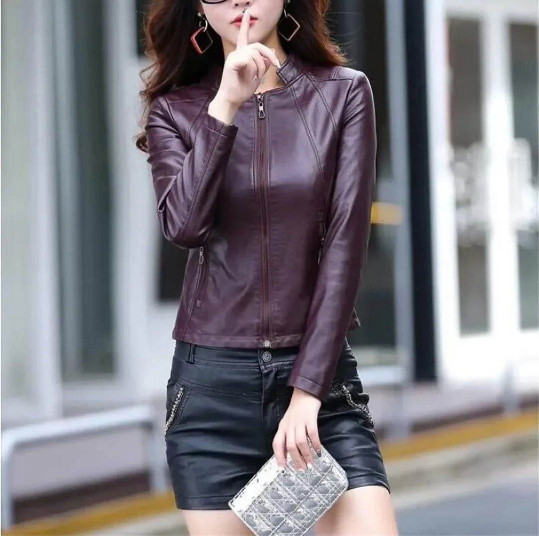 Women Spring O-Neck Leather Jacket Moto Biker Zipper Long Sleeve Slim Jackets Outerwear