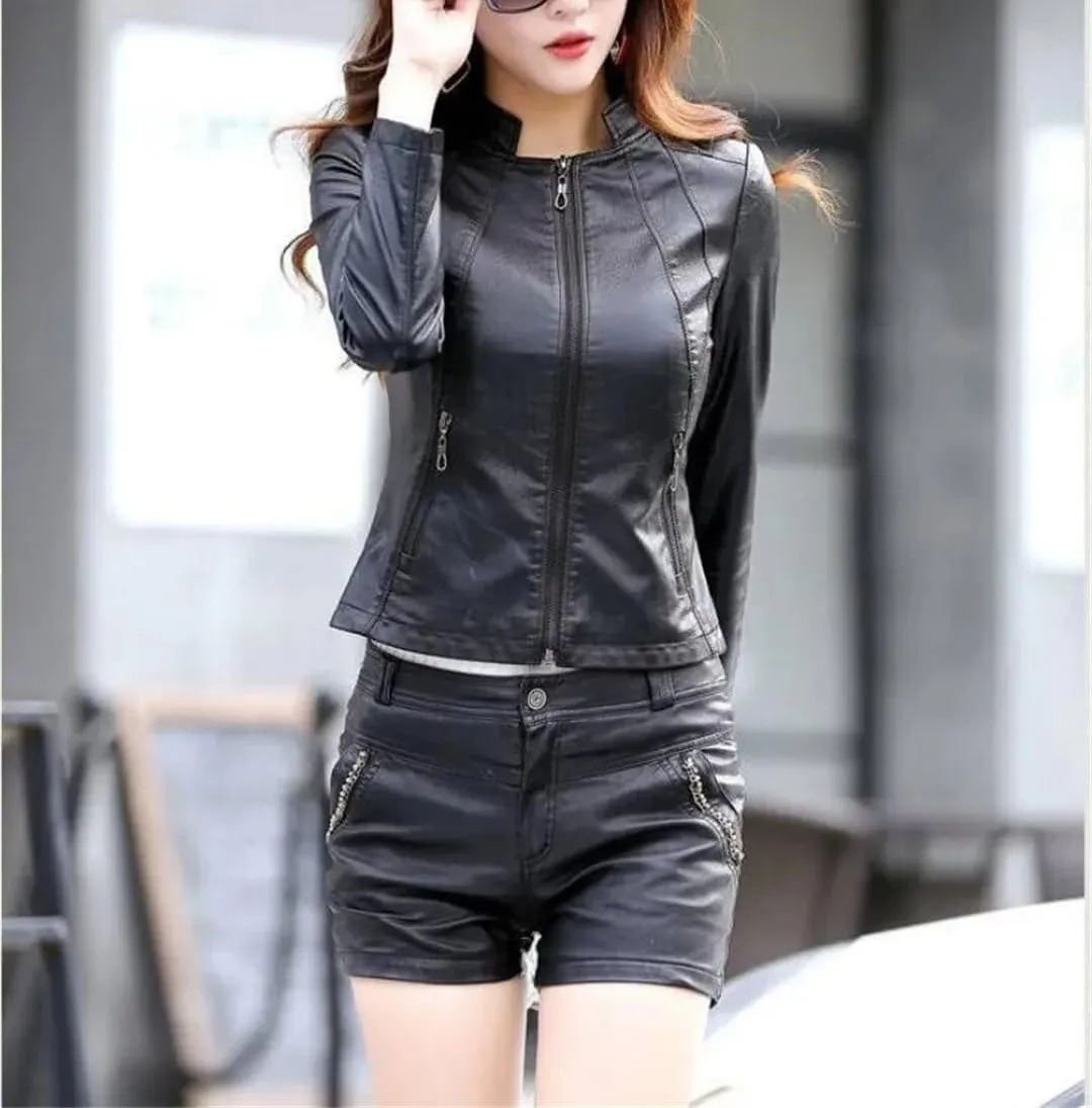 Women Spring O-Neck Leather Jacket Moto Biker Zipper Long Sleeve Slim Jackets Outerwear