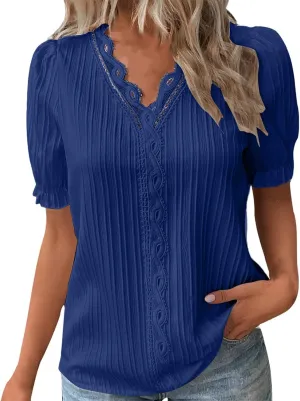 Women Summer Lace V Neck Plain Lace Elegant Shirt Fashion Solid Color Elegant Blouse Short Sleeve Tops Plus Size