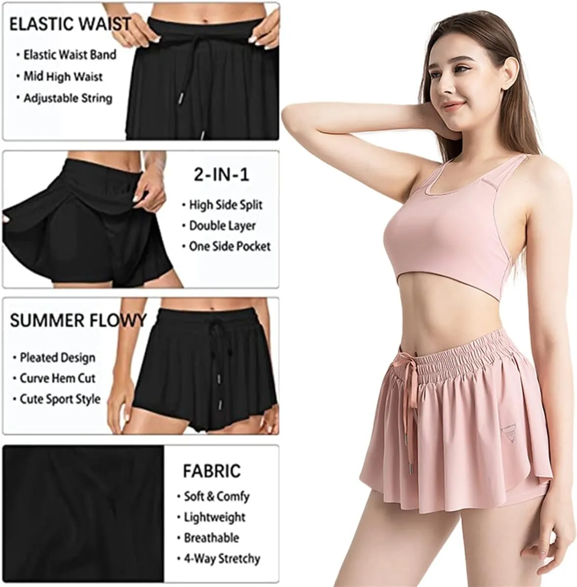 Women's 2 in 1 Flowy Workout Gym Running Shorts,Running Yoga Quick-Dry Drawstring Shorts,2 in 1 Flowy Running Shorts