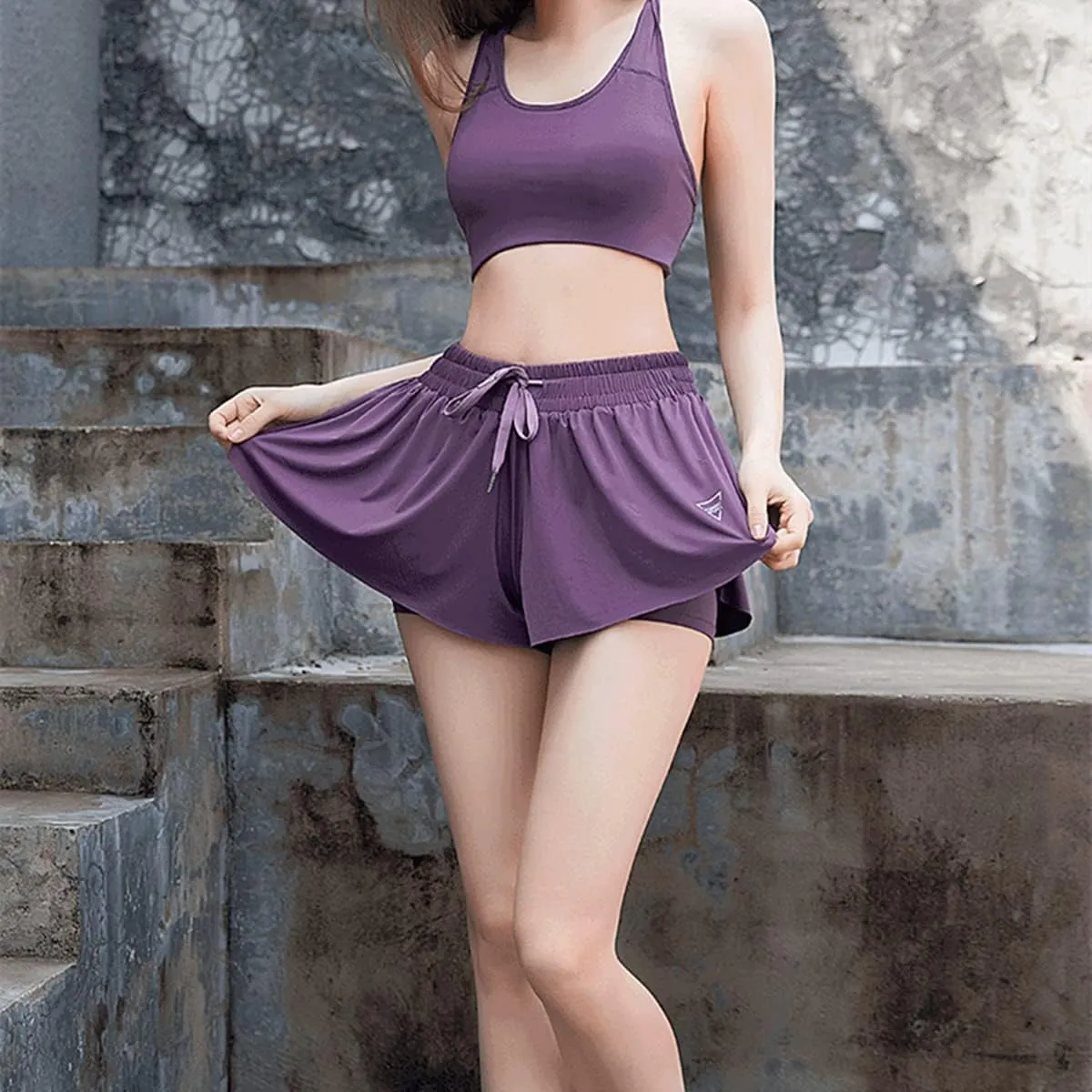 Women's 2 in 1 Flowy Workout Gym Running Shorts,Running Yoga Quick-Dry Drawstring Shorts,2 in 1 Flowy Running Shorts