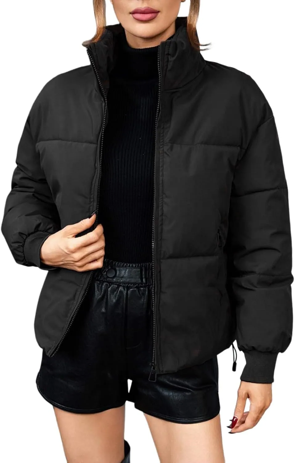 Women's 2024 Winter Long Sleeve Zipper Puffer Crop Jacket Pockets Baggy Short Coats Jackets Casual Outerwear