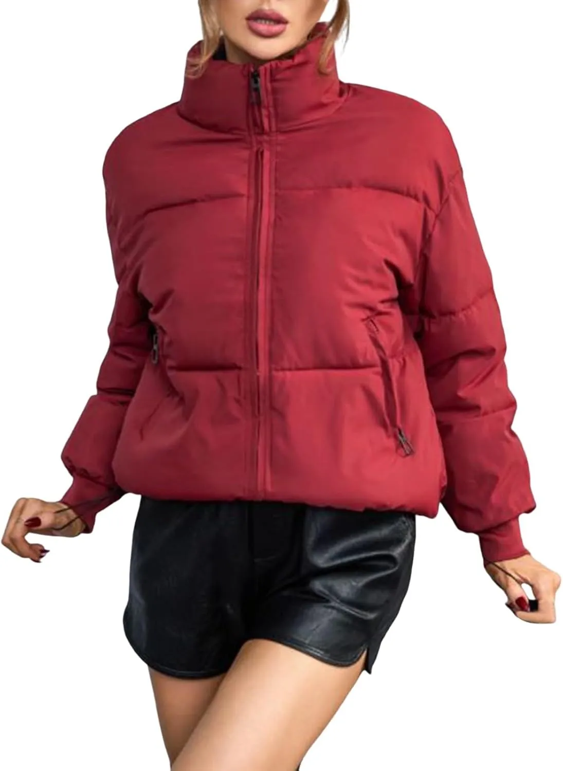 Women's 2024 Winter Long Sleeve Zipper Puffer Crop Jacket Pockets Baggy Short Coats Jackets Casual Outerwear