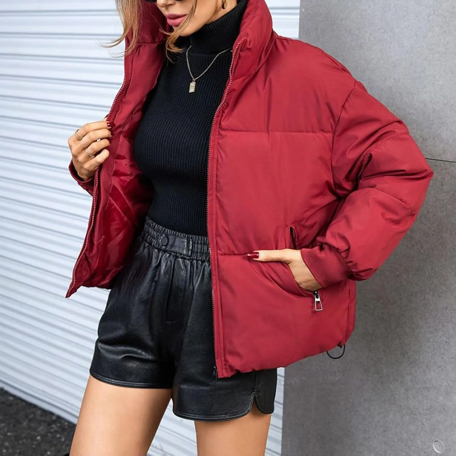 Women's 2024 Winter Long Sleeve Zipper Puffer Crop Jacket Pockets Baggy Short Coats Jackets Casual Outerwear