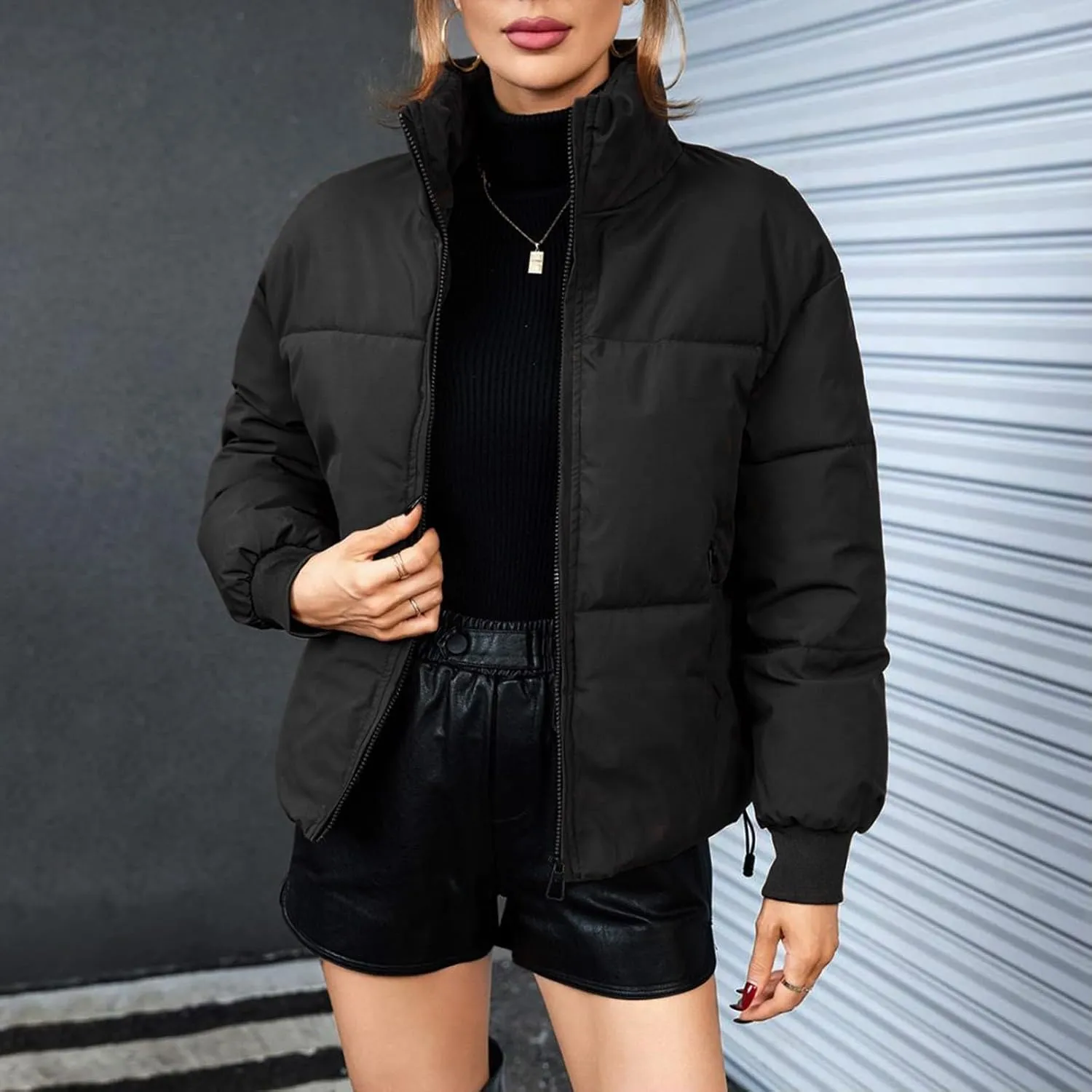 Women's 2024 Winter Long Sleeve Zipper Puffer Crop Jacket Pockets Baggy Short Coats Jackets Casual Outerwear