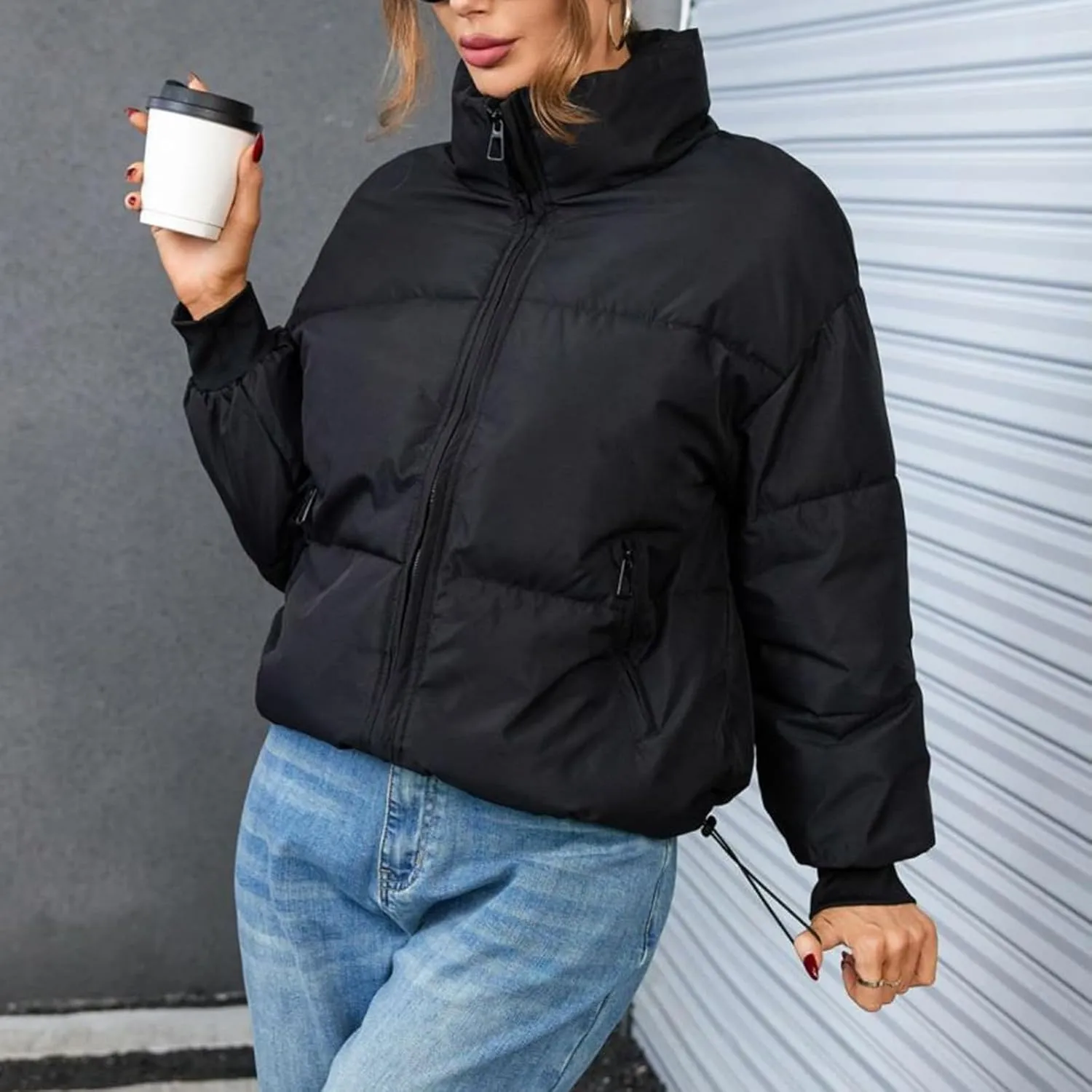 Women's 2024 Winter Long Sleeve Zipper Puffer Crop Jacket Pockets Baggy Short Coats Jackets Casual Outerwear