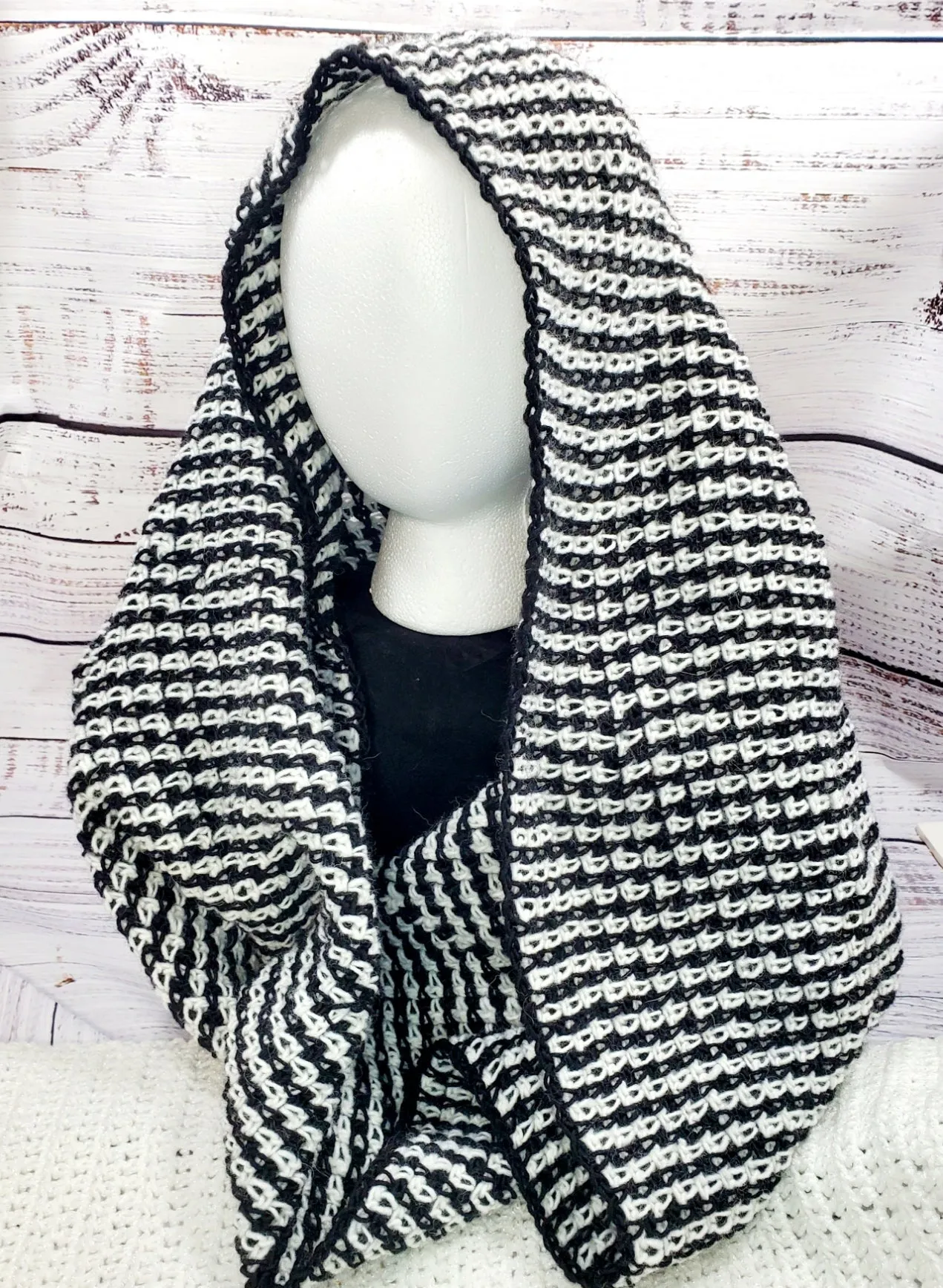 Women's BLACK & WHITE Wool Blend Snood | Knitted Gothic Winter Scarf | USA Made | Infinity Scarf Cowl