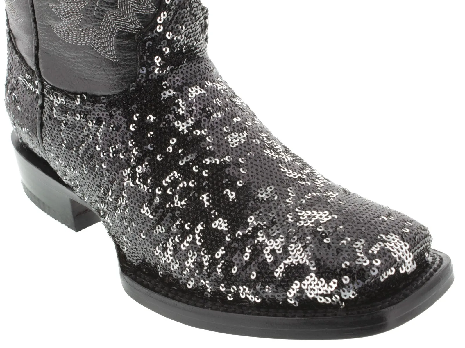 Women's Black Sequins Western Rodeo Cowboy Boots Square Toe
