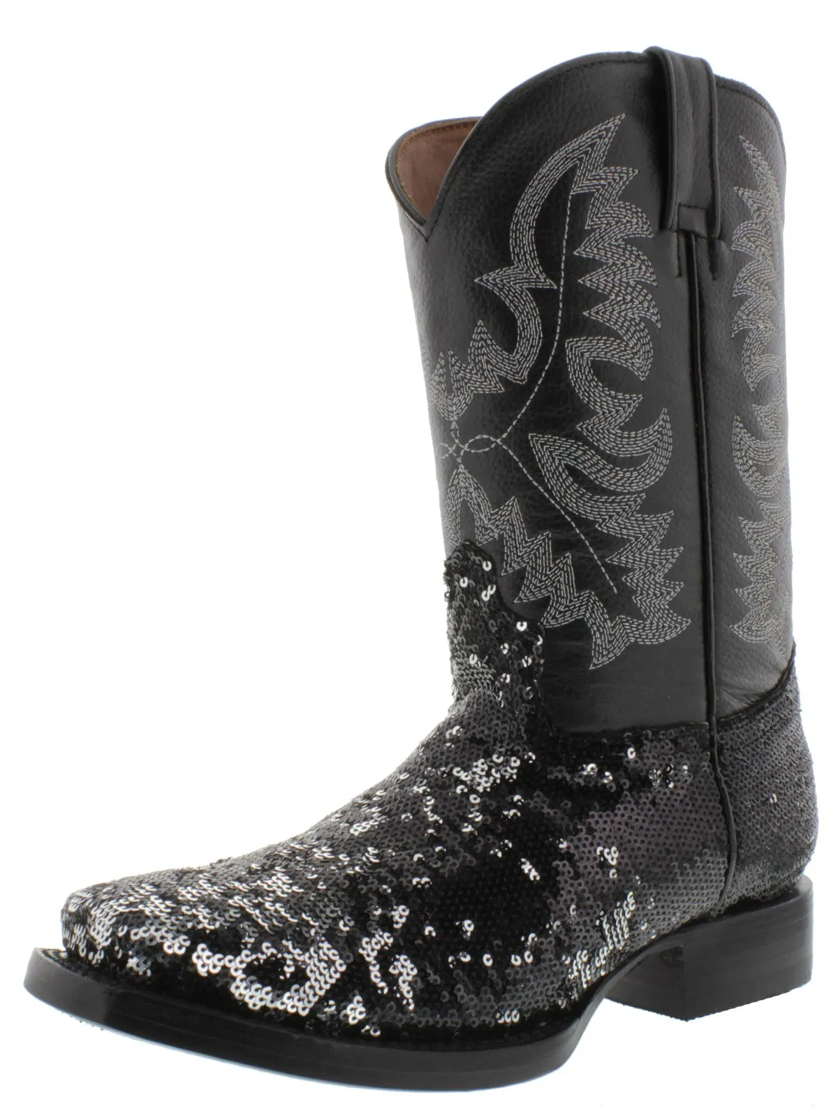 Women's Black Sequins Western Rodeo Cowboy Boots Square Toe