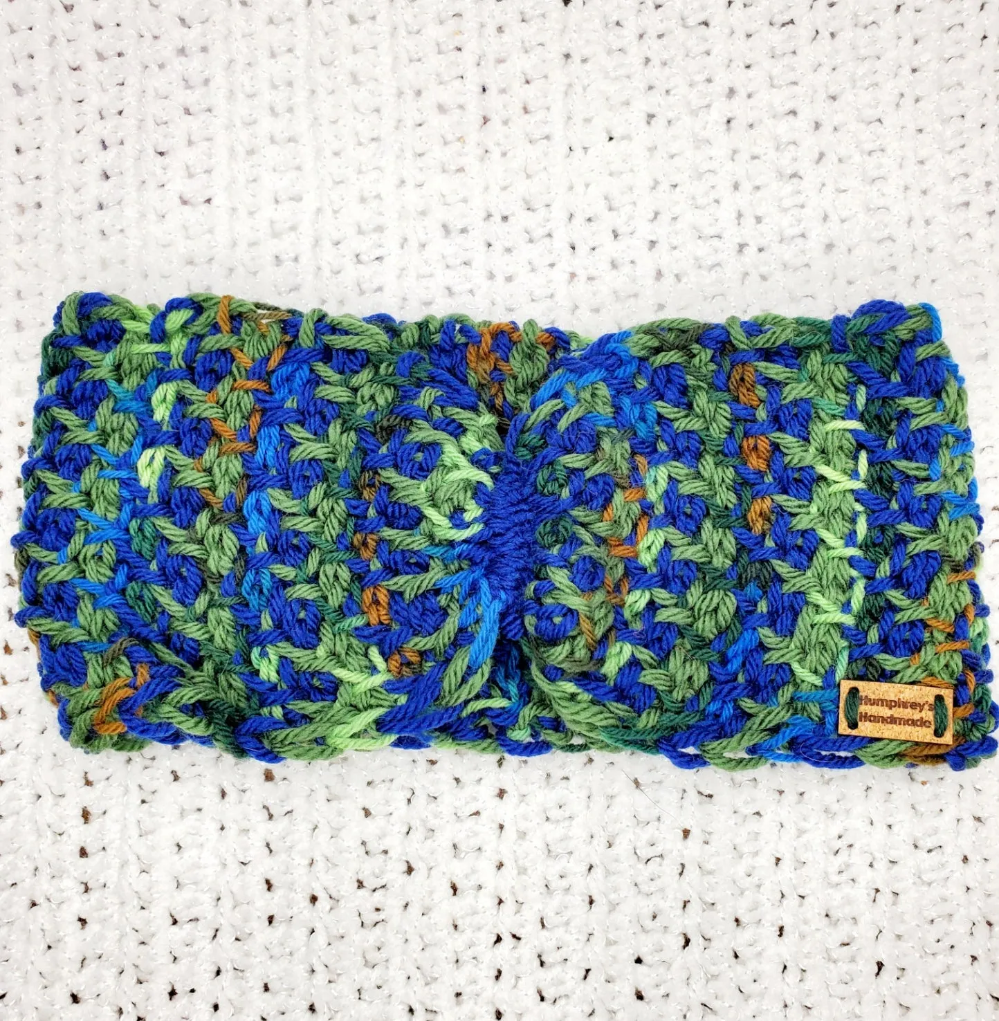 Women's Blue and Green Merino Wool Earwarmer | Tunisian Crochet Winter Headband | USA Made | Brown Blue Green