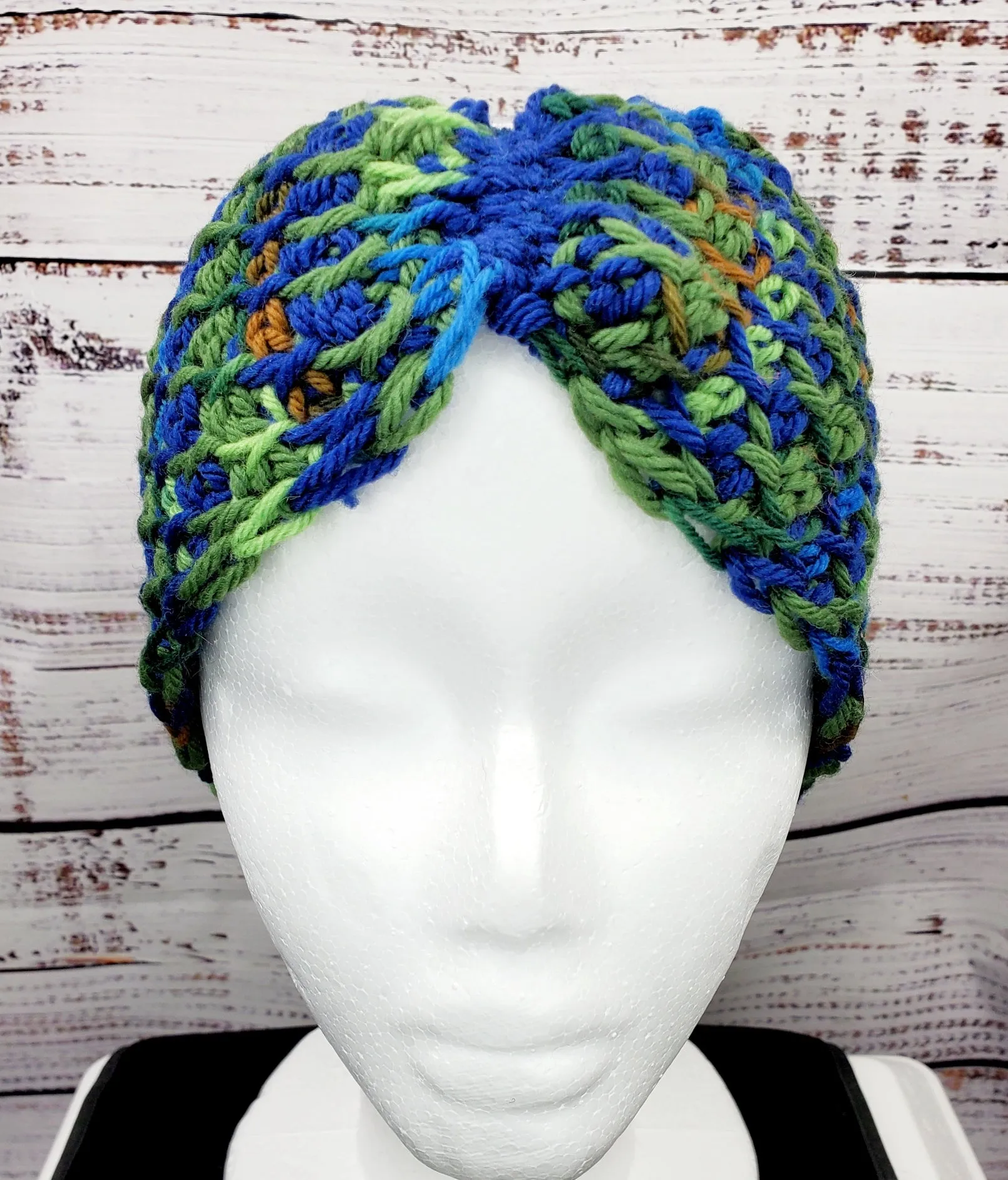 Women's Blue and Green Merino Wool Earwarmer | Tunisian Crochet Winter Headband | USA Made | Brown Blue Green