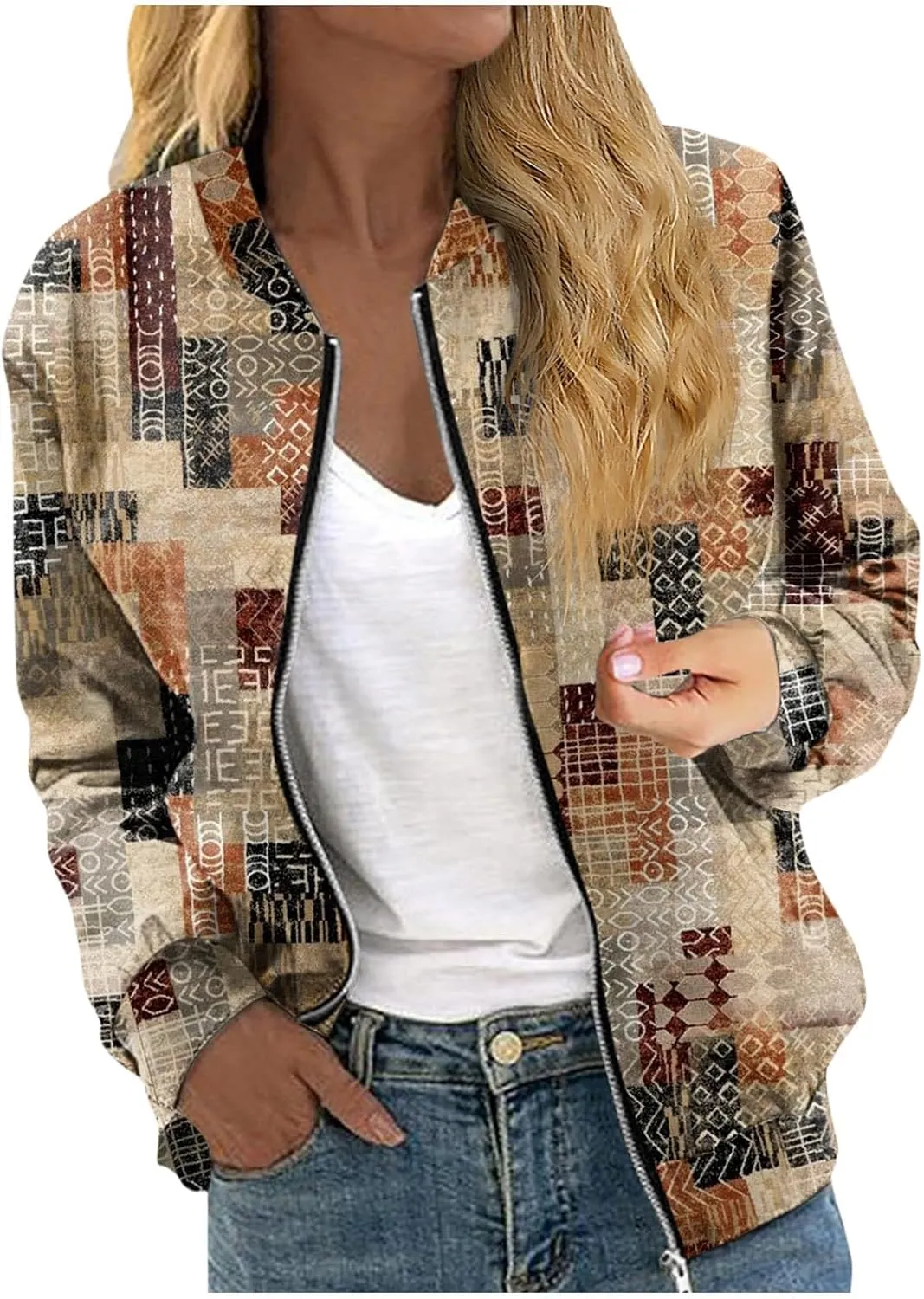 Womens Bomber Jacket Coat Casual Stand Collar Zip Up Lightweight Fall Fashion Jackets Outerwear Outfits with Pockets