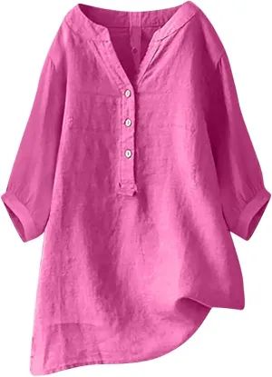 Womens Button Down Cotton Linen Shirt Blouse 7 Sleeve Neck Casual Women's T Shirt Women'S Swimwear Cover Ups Summer