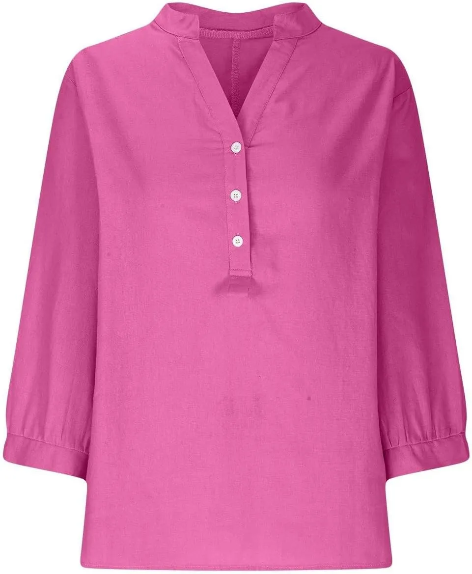Womens Button Down Cotton Linen Shirt Blouse 7 Sleeve Neck Casual Women's T Shirt Women'S Swimwear Cover Ups Summer