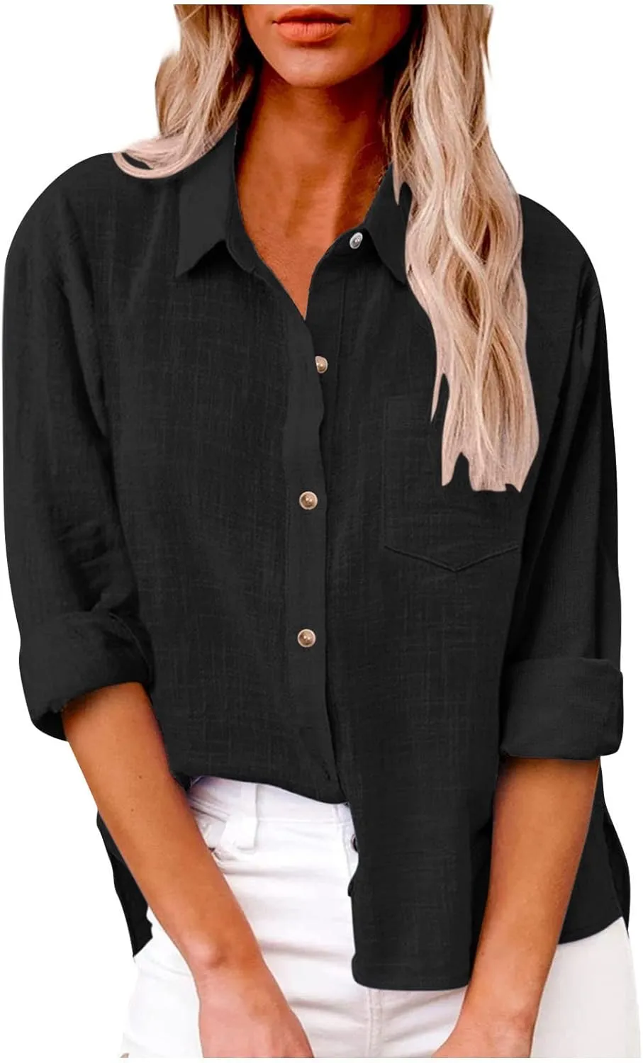 Womens Button Down Linen Shirt Business Casual Tops Long Sleeve Lapel Shirt Dressy Shirts for Work Lightweight Shirts