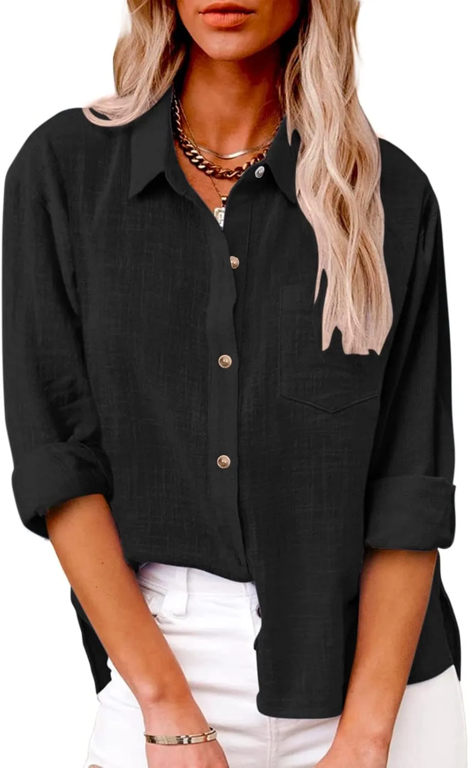 Womens Button Down Linen Shirt Business Casual Tops Long Sleeve Lapel Shirt Dressy Shirts for Work Lightweight Shirts