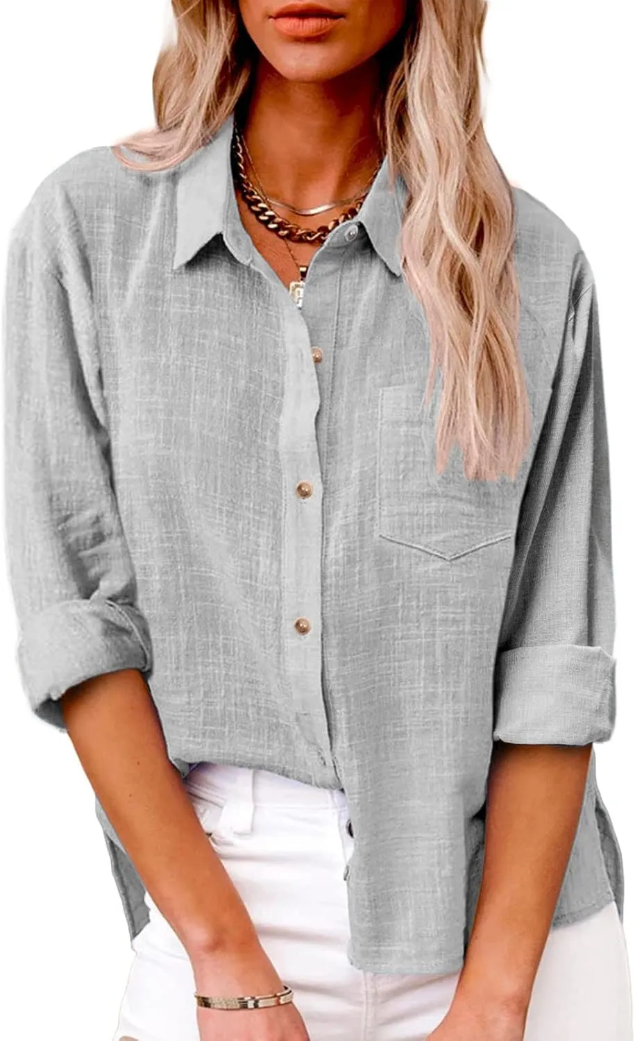 Womens Button Down Linen Shirt Business Casual Tops Long Sleeve Lapel Shirt Dressy Shirts for Work Lightweight Shirts