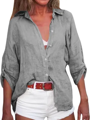 Womens Button Down Shirts Dress Shirts Long Sleeve Blouses V Neck Solid Casual Tunics Tops