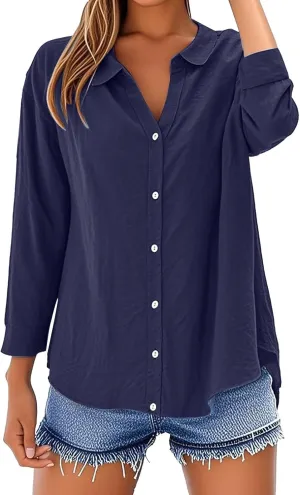 Womens Button Down Shirts Dress Shirts Long Sleeve Blouses V Neck Solid Casual Tunics Tops