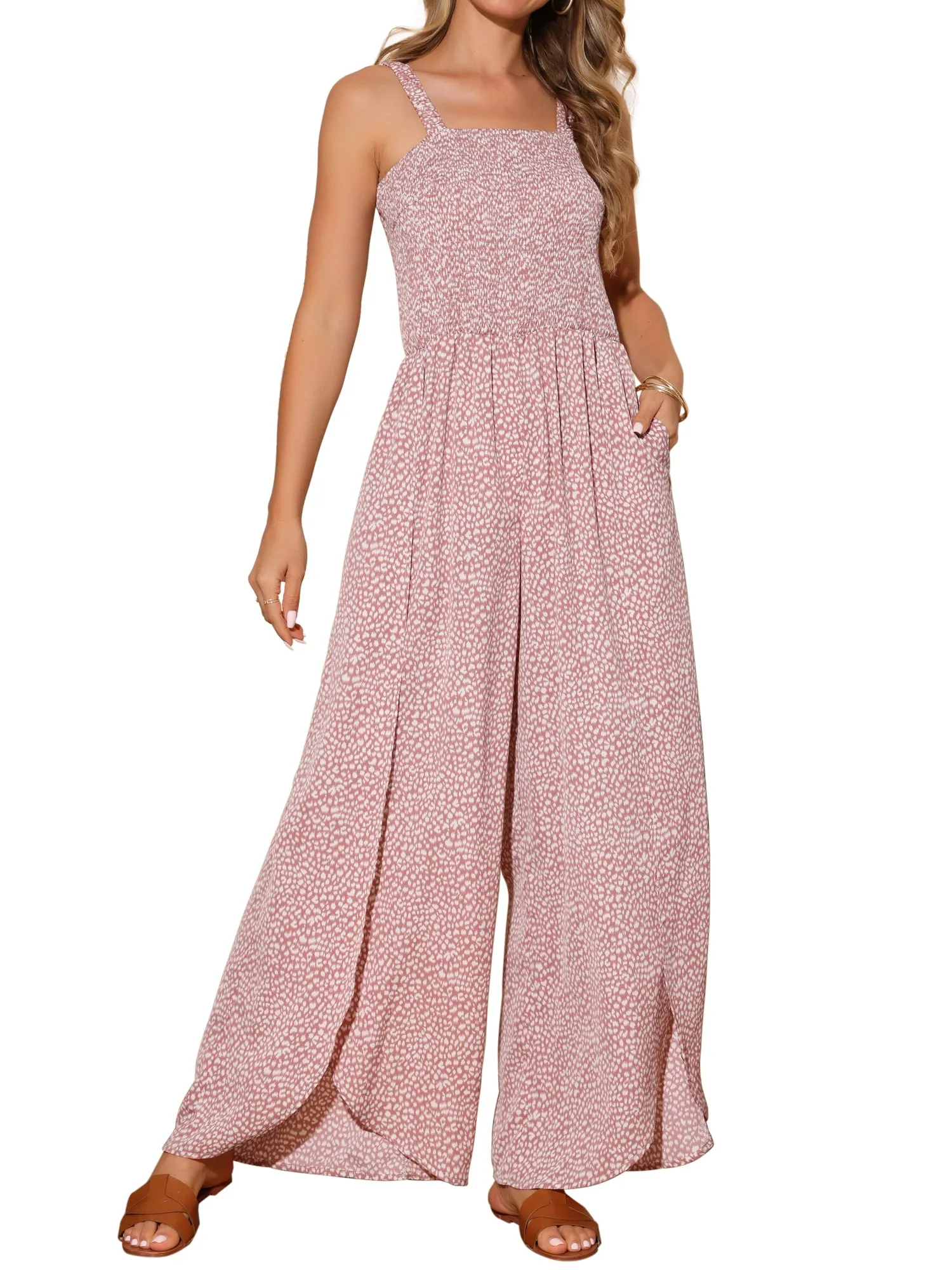 Women's Casual Loose Overalls Jumpsuits One Piece Sleeveless Split Wide Leg Long Pant Rompers with Pockets