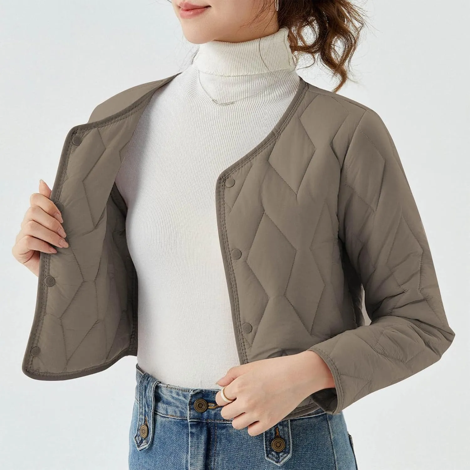 Womens Casual Quilted Jacket Button Collarless Padded Coat Solid Lightweight Cozy Short Down Puffer Jackets Outerwear