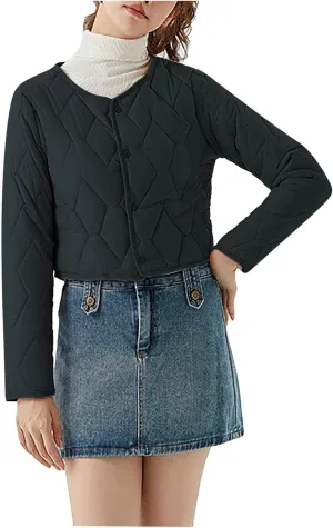 Womens Casual Quilted Jacket Button Collarless Padded Coat Solid Lightweight Cozy Short Down Puffer Jackets Outerwear