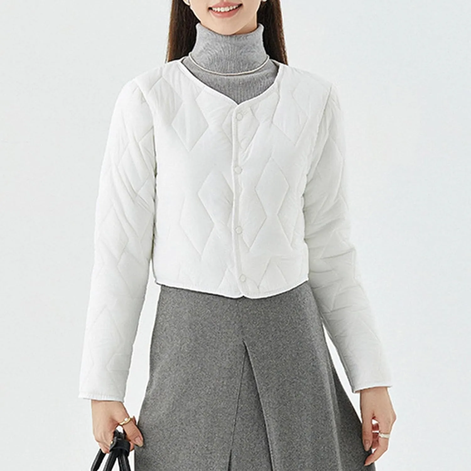 Womens Casual Quilted Jacket Button Collarless Padded Coat Solid Lightweight Cozy Short Down Puffer Jackets Outerwear