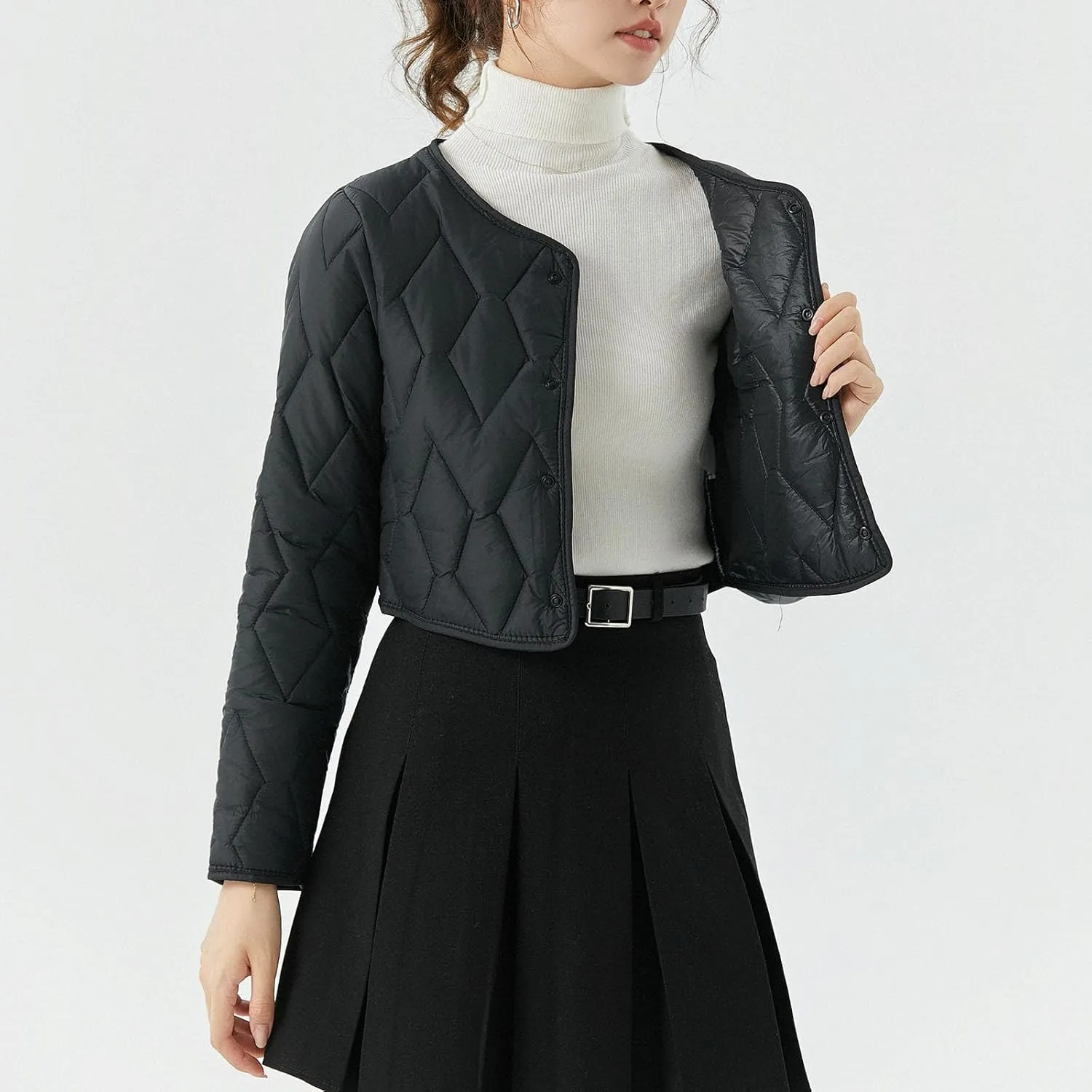 Womens Casual Quilted Jacket Button Collarless Padded Coat Solid Lightweight Cozy Short Down Puffer Jackets Outerwear