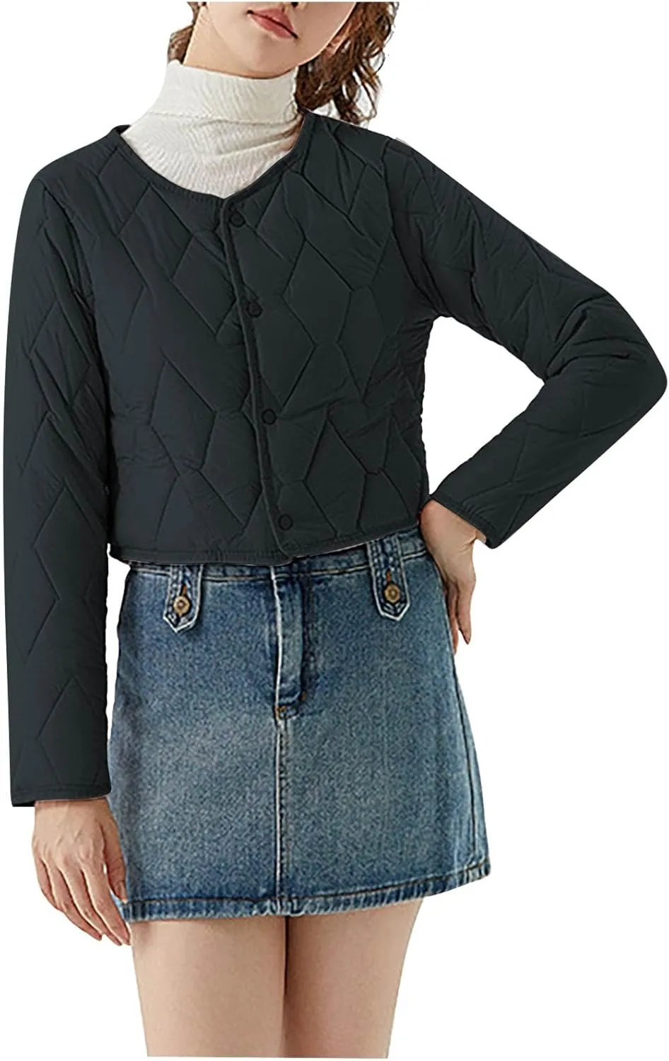 Womens Casual Quilted Jacket Button Collarless Padded Coat Solid Lightweight Cozy Short Down Puffer Jackets Outerwear