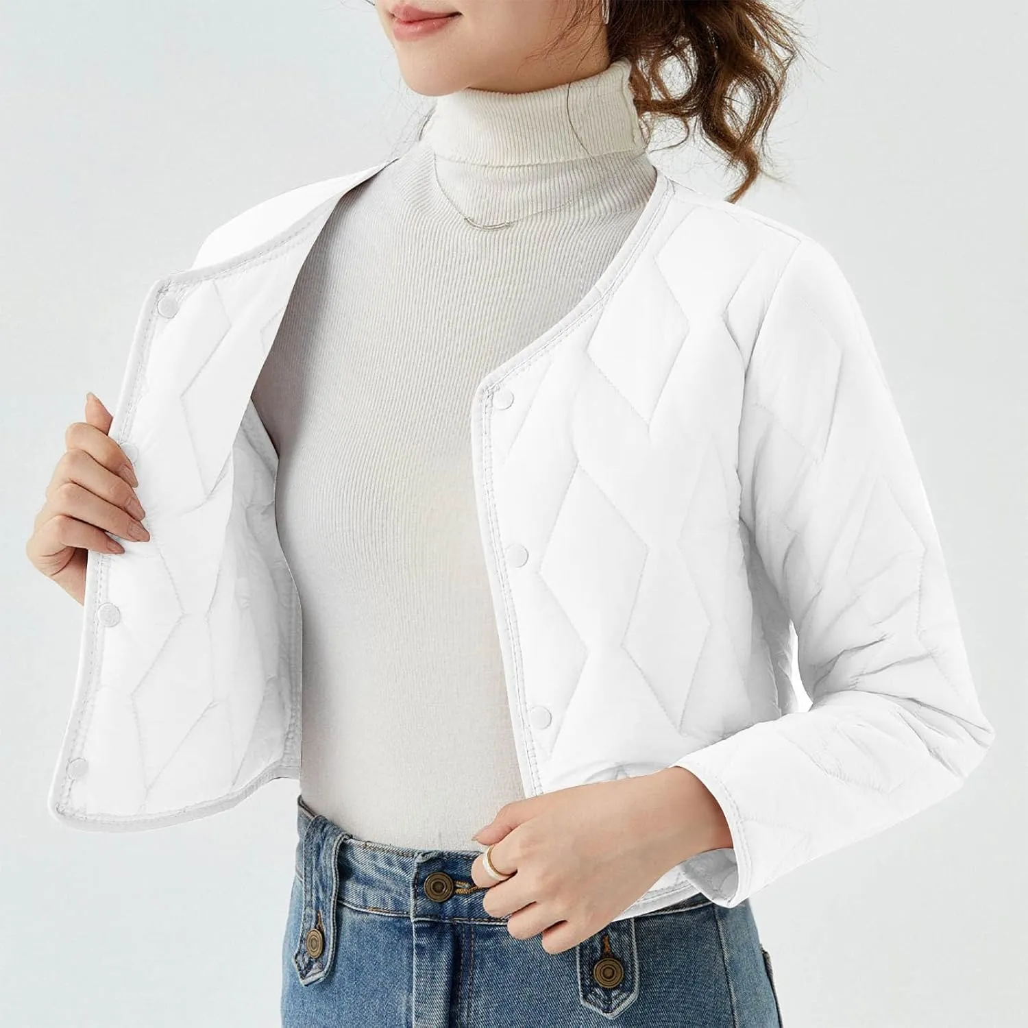 Womens Casual Quilted Jacket Button Collarless Padded Coat Solid Lightweight Cozy Short Down Puffer Jackets Outerwear