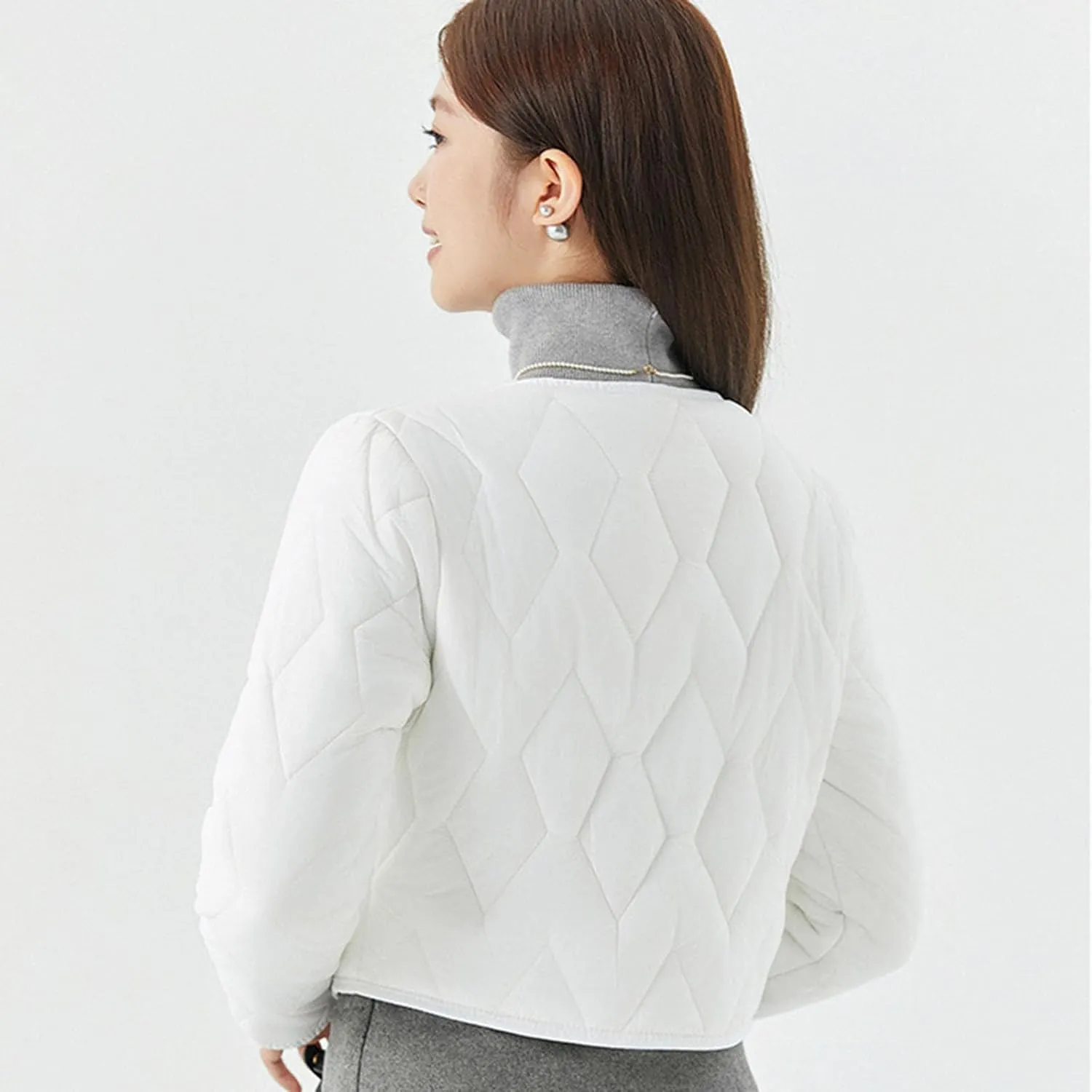 Womens Casual Quilted Jacket Button Collarless Padded Coat Solid Lightweight Cozy Short Down Puffer Jackets Outerwear