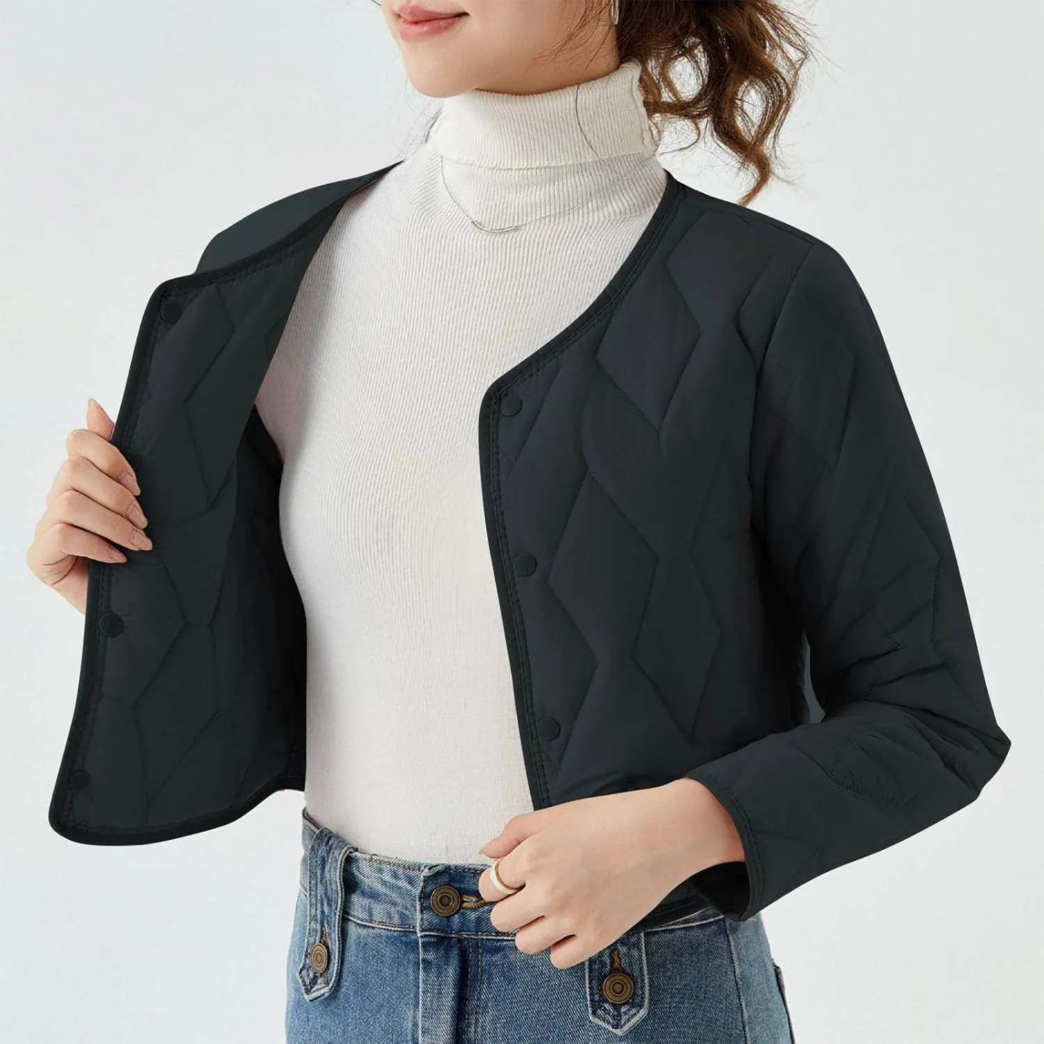 Womens Casual Quilted Jacket Button Collarless Padded Coat Solid Lightweight Cozy Short Down Puffer Jackets Outerwear
