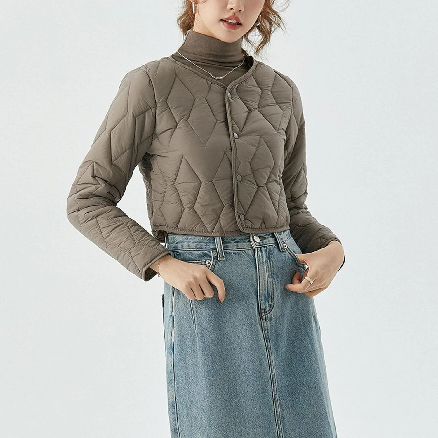 Womens Casual Quilted Jacket Button Collarless Padded Coat Solid Lightweight Cozy Short Down Puffer Jackets Outerwear