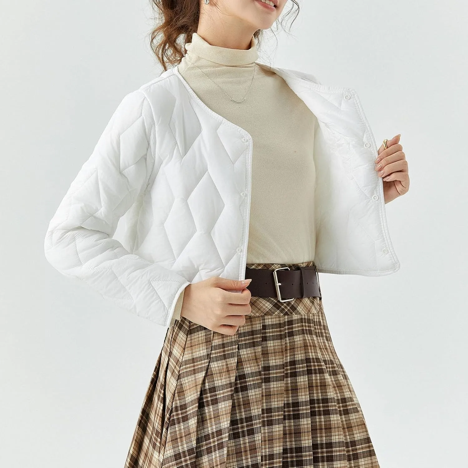 Womens Casual Quilted Jacket Button Collarless Padded Coat Solid Lightweight Cozy Short Down Puffer Jackets Outerwear