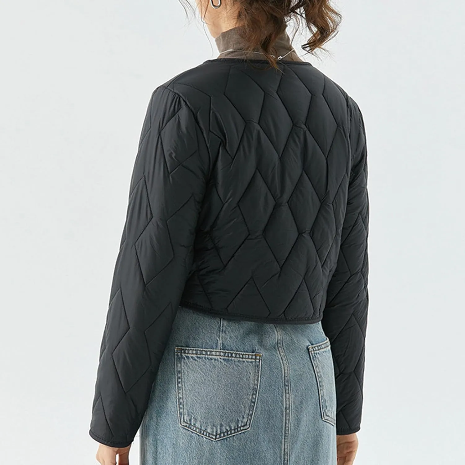 Womens Casual Quilted Jacket Button Collarless Padded Coat Solid Lightweight Cozy Short Down Puffer Jackets Outerwear