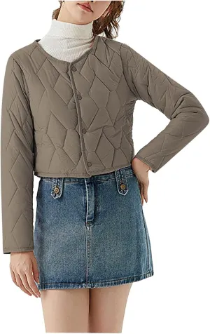 Womens Casual Quilted Jacket Button Collarless Padded Coat Solid Lightweight Cozy Short Down Puffer Jackets Outerwear