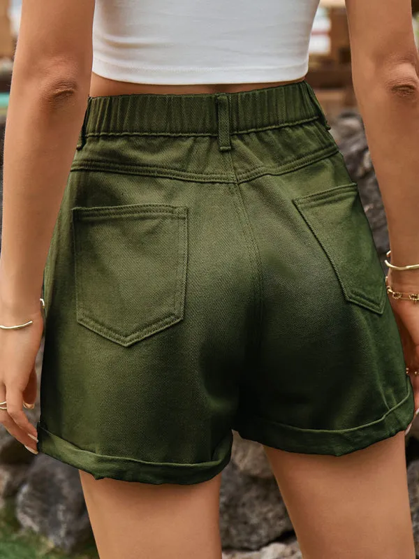 Women’s Coloured Denim Shorts with Elastic Waist and Pockets