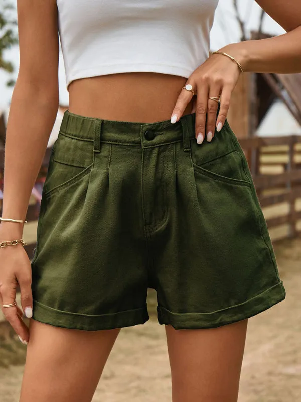 Women’s Coloured Denim Shorts with Elastic Waist and Pockets