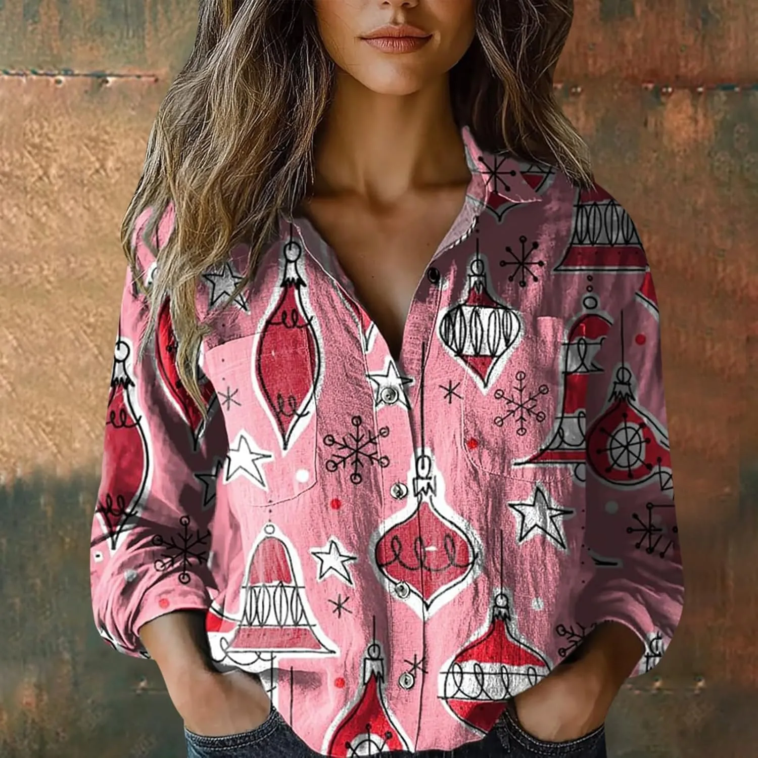 Womens Cotton Line Shirts Ethnic Printed Fashion Button Down Shirts Casual Tops Long Sleeve Blouses with Pockets