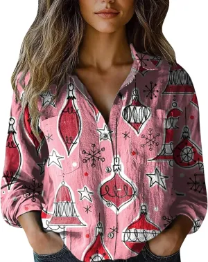Womens Cotton Line Shirts Ethnic Printed Fashion Button Down Shirts Casual Tops Long Sleeve Blouses with Pockets
