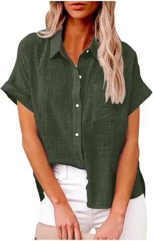 Women's Cotton Linen Shirts Casual Short Sleeve Blouses Plus Size Button Up T-Shirts Resort Wear Summer 2025