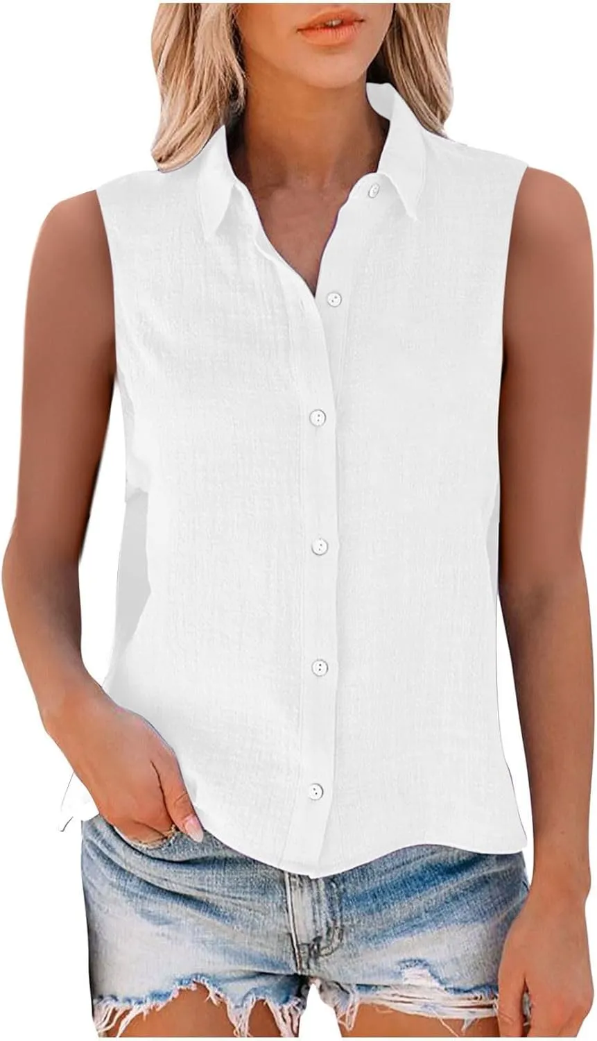 Women's Cotton Linen Shirts Sleeveless Collared Tops Oversized Button Up Blouses Work Shirts Casual Summer Tshirt