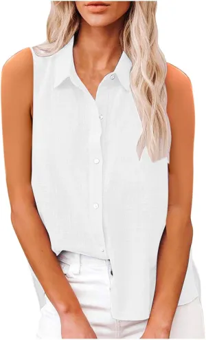 Women's Cotton Linen Shirts Sleeveless Collared Tops Oversized Button Up Blouses Work Shirts Casual Summer Tshirt
