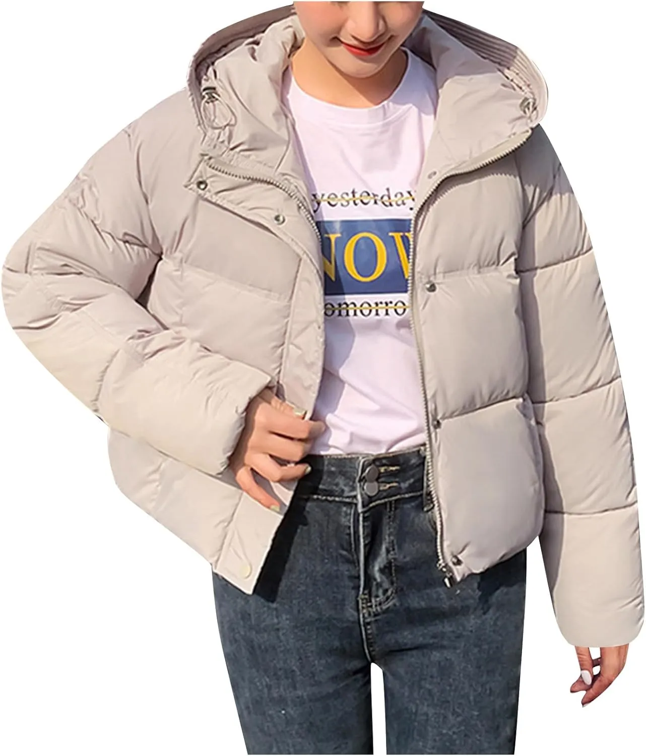 Women's Cropped Puffer Jackets Hooded Winter Coats Thicken Puffy Short Down Coats Quilted Lightweight Jackets Outerwear