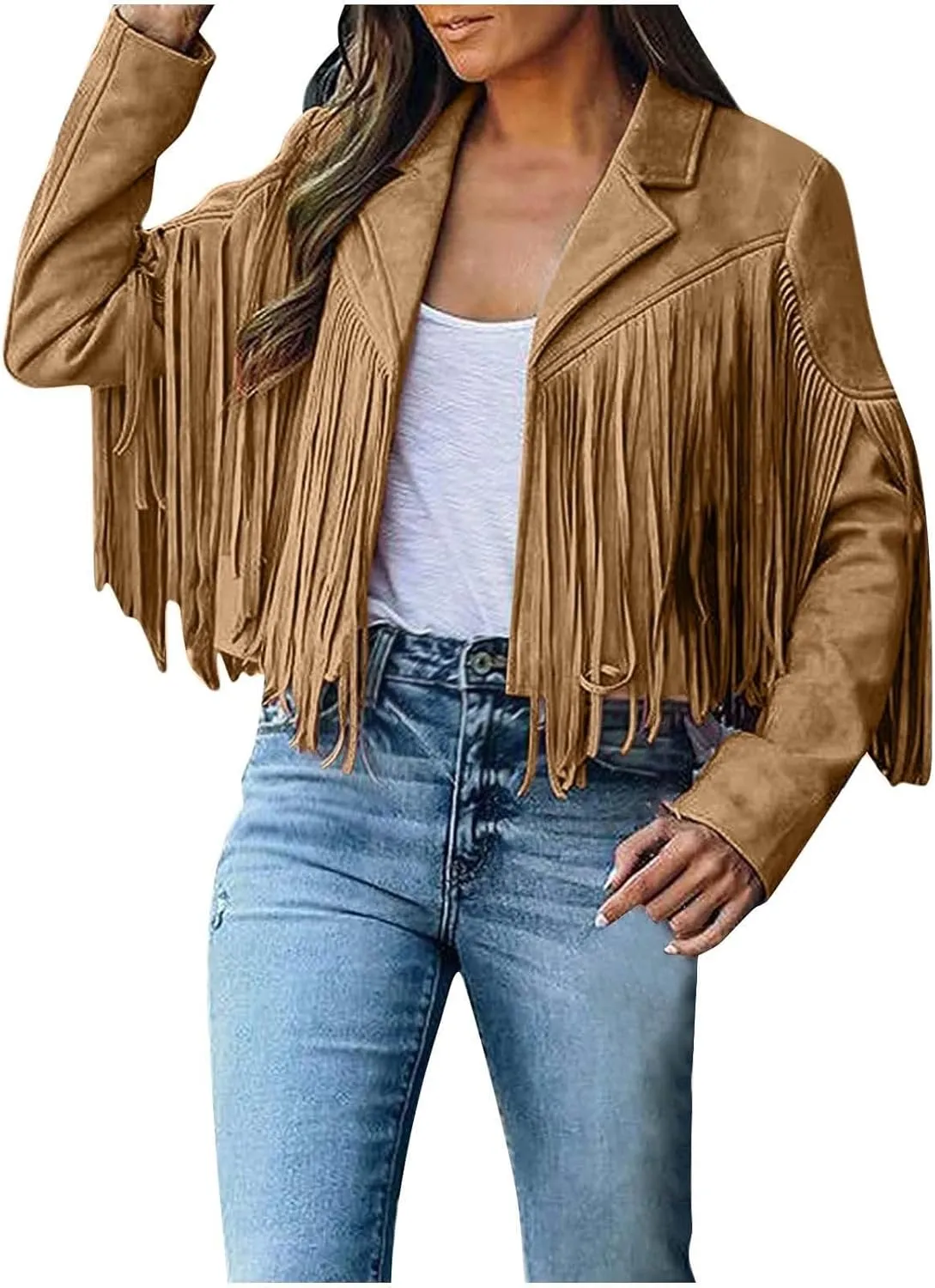 Women's Faux Suede Tassel Jacket Trendy Fringe Coats Long Sleeve Moto Biker Open Front Cardigan Coat Outwear