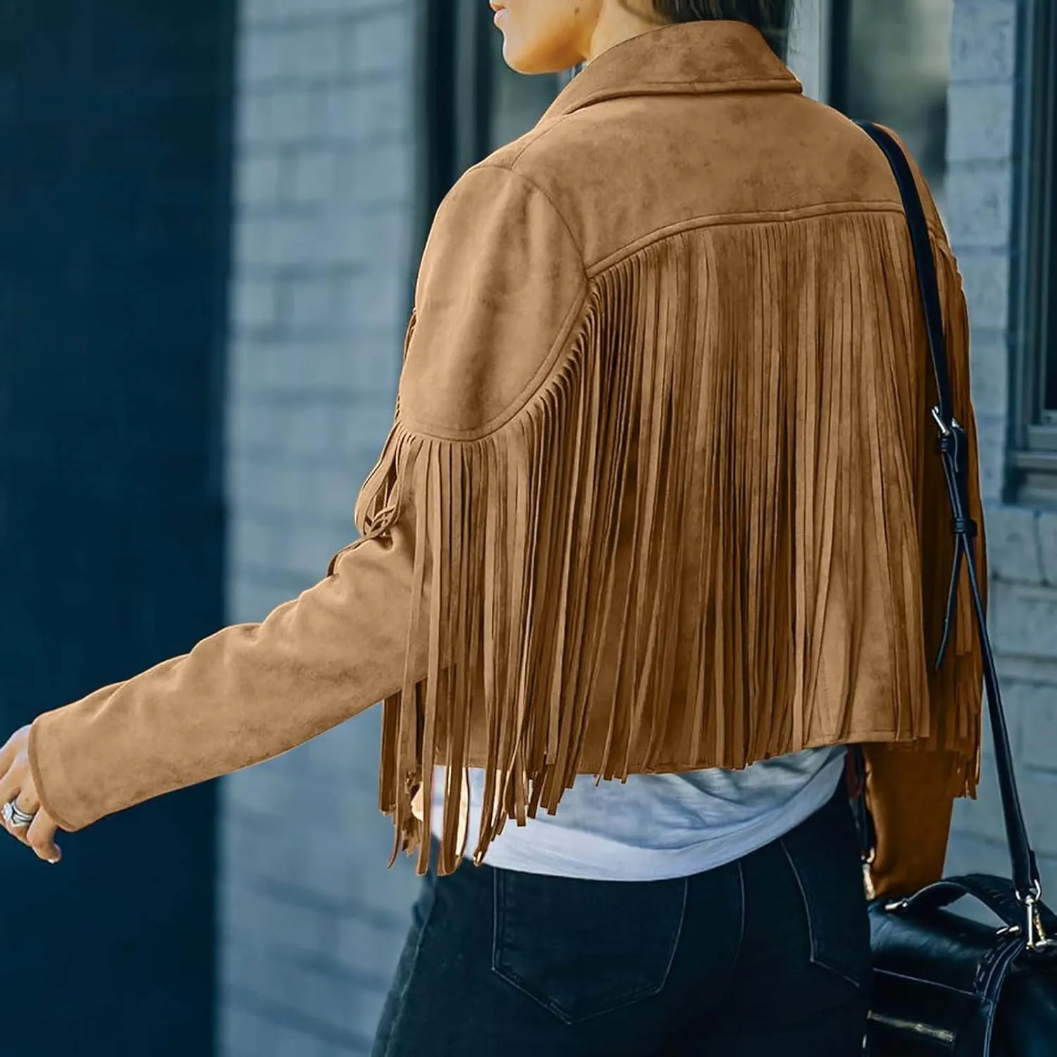 Women's Faux Suede Tassel Jacket Trendy Fringe Coats Long Sleeve Moto Biker Open Front Cardigan Coat Outwear