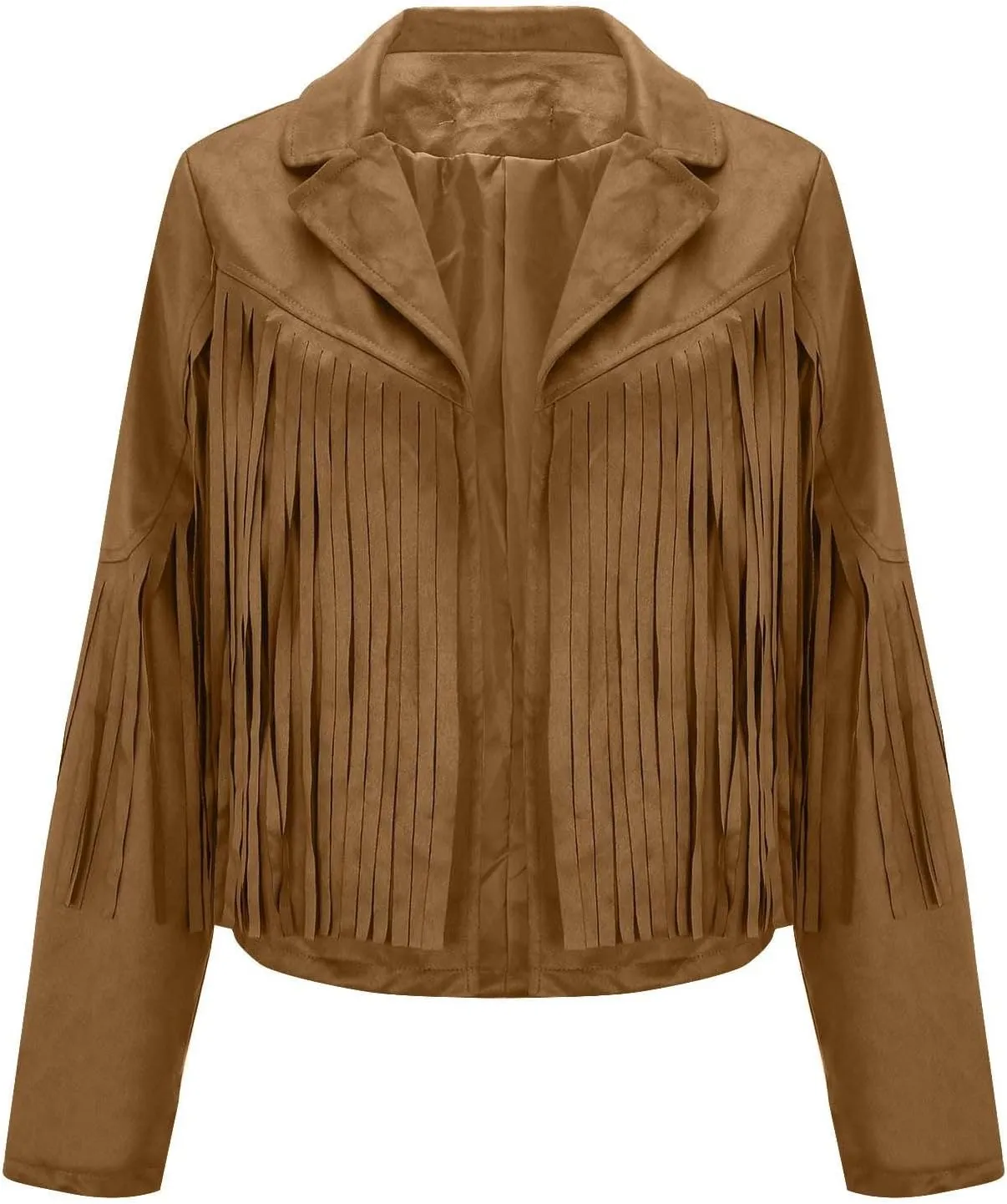 Women's Faux Suede Tassel Jacket Trendy Fringe Coats Long Sleeve Moto Biker Open Front Cardigan Coat Outwear